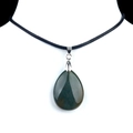 Dark green teardrop natural stone pendant with silver clasp on black cord necklace - India Agate