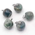 Five natural moss agate apple-shaped pendants with silver metal leaf charms on white fabric - Indian Agate 1PC