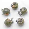 Set of 5 natural Unakite crystal apple pendants with silver metal leaf and stem - Unakite 1Pc