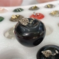 Polished black stone apple ornament with silver sparkling crystal leaf detail - Obsidian (Silver Leaf) / 45X33mm