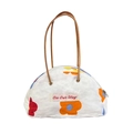 Sac à main demi-lune en toile blanche avec fleurs colorées et anses en cuir marron - Étiquette Florale Colorée