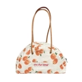 Semicircle canvas tote bag with peach print and brown leather handles for women - Orange Print Label