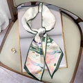 Detailed close-up of oil painting style silk twilly scarf with elegant floral patterns - Oil Painting Landscape Green (FX-55-Green)