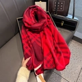 Detail of red plaid scarf showing soft cashmere-like texture and fine stitched edges - 53*192cm / Burgundy