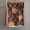 Close-up of knit scarf texture featuring camellia floral patterns and fringed edges - Brown Coffee / 186*70cm
