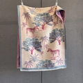 Detail view of Toile de Jouy pattern shawl with zebra motifs and elegant fringe edges - Light Blue
