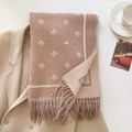 Brown and beige houndstooth scarf with white bee patterns and elegant long tassels - Caramel color