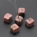 Pink natural quartz stone incense burner cube set with elegant rose and black textures - Rhodonite