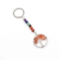 Porte-clés arbre de vie sept chakras avec anneau argenté et pierres orange polies - Agate rouge
