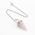 Cone-shaped rose quartz crystal pendulum with silver textured cap and fine link chain - Rose Quartz