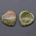 Polished 40mm green and multicolored natural crystal quartz heart-shaped palm stones - Unakite