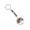 Porte-clés Arbre de Vie Chakra avec sept perles en cristal naturel sur anneau argent - Tourmaline