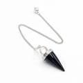 Black obsidian cone pendulum with silver scrollwork and metal chain for divination - Obsidian