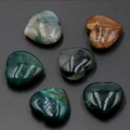 Set of six heart-shaped natural moss agate stones with polished finish and unique textures - India Agate