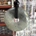 Natural light green crystal donut pendant necklace with black hand-woven rope cord - Labradorite