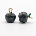 Natural dark green stone apple pendant with golden leaf detail for jewelry making - 1 Variscite Stone