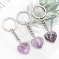Three-pack of heart-shaped natural amethyst crystal keychains with silver metal ring - Amethyst