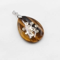 Pendentif en pierre œil de tigre avec gravure de méditation yoga et bélière en argent - Œil de tigre