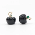Polished black apple pendant with golden leaf and green accent for jewelry making - Obsidian (1 Piece)