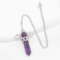 Amethyst hexagonal crystal pendulum with silver bat wings and long metal chain - Amethyst