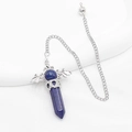 Polished lapis lazuli hexagonal prism crystal pendulum with silver bat wings and chain - Lapis Lazuli