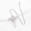 Pink quartz hexagonal crystal pendulum with silver angel wings and crown detail - Rose Quartz
