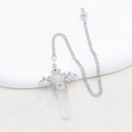 Opalite hexagonal crystal wand pendulum with silver bat wings and delicate metal chain - White Crystal