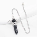 Gothic black obsidian hexagonal pillar pendant with silver bat wings and metal chain - Obsidian