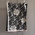 Classic black and white cashmere feel shawl with camellia floral and stripe pattern - Black / 186*70cm