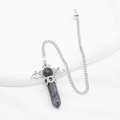 Labradorite hexagonal pillar pendulum with silver bat wing design and metal chain - Larvikite