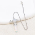 Opalite hexagonal crystal pendulum with silver bat wings and hollow metal ball chain - Opal (Synthetic)
