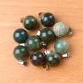 Polished 14mm natural green moss agate sphere pendants with silver metal bails - India Agate