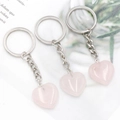 Pink natural crystal heart keychain set with polished quartz and silver chain - Rose Quartz
