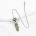Green crystal hexagonal pillar pendant with silver bat wings and delicate chain - Unakite