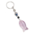 Evil eye keychain with a purple crystal fish pendant and silver Hamsa Hand charm - Phosphosiderite