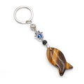 Tiger eye stone fish keychain with Hamsa Hand and Turkish Evil Eye charm in silver - Tiger's Eye