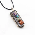 7 Chakras raw stones wire wrapped obsidian pendant necklace with black cord - Obsidian