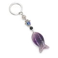 Hamsa Hand and Evil Eye keychain with carved amethyst fish stone pendant on white background - Amethyst