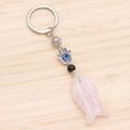 Pink rose quartz fish keychain with silver Hamsa Hand and blue evil eye charm - Rose Quartz
