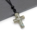 Natural labradorite cross pendant necklace with black braided cord and blue flash effect - Labradorite