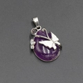 Teardrop purple crystal necklace featuring silver butterfly and white enamel accents - Amethyst