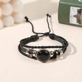 Bracelet multicouche en cuir noir orné d'une incrustation de pierre agate noire - Agate noire