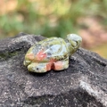 Hand-carved Unakite turtle figurine with green and pink mineral texture patterns - Unakite