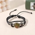 Multilayer braided leather bracelet with green stone and adjustable knot closure - Unakite