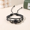 Multilayer leather bracelet featuring round blue sandstone inlay with starry glitter effect - Blue Goldstone (Synthetic)