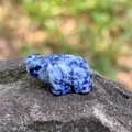 Hand-carved blue natural stone turtle figurine with white veins on a dark rock - Blue Spot Stone