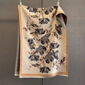 French vintage beige scarf with dark grey floral paisley jacquard and fringed edges - Brown