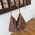 Hobo shoulder bag with purple and orange abstract floral pattern in soft canvas fabric - Orange Purple Floral Corduroy Shoulder