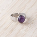 Silver adjustable stainless steel ring with an 11mm round purple amethyst gemstone - Amethyst