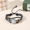 Black leather multi-layer braided bracelet with round milky white gemstone inlay - Opal (Synthetic)